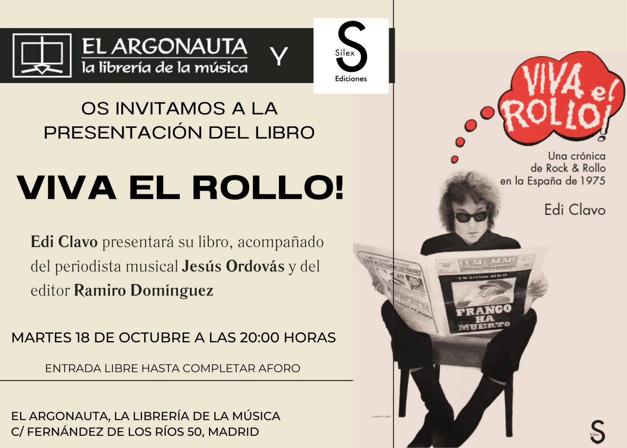 Presentación, el 18 de octubre, de "Viva el Rollo!", de Edi Clavo (Sílex Ediciones)