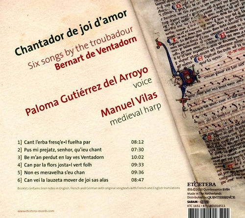 Chantador de joi d'amor. Six songs by the trobadour Bernart de Ventadorn. Paloma Gutiérrez del arroyo; Manuel Vilas
