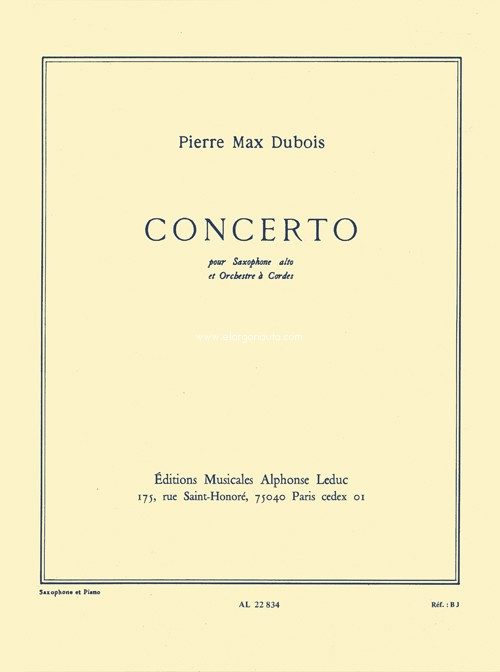 Concerto pour saxophone alto et orchestre à cordes, reduction saxophone et piano