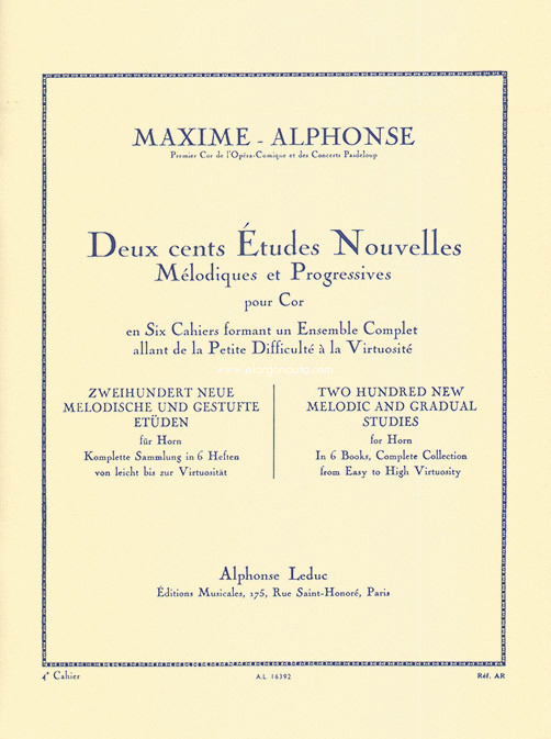 Deux cent Études Nouvelles Mélodiques et Progressives pour Cor en Six Cahier. Cahier 4: 20 études difficiles. 9790046163920