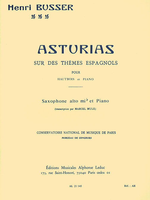 Asturias, sur des thèmes espagnoles, op. 84, pour saxophone alto Mi b et piano. 9790046211454