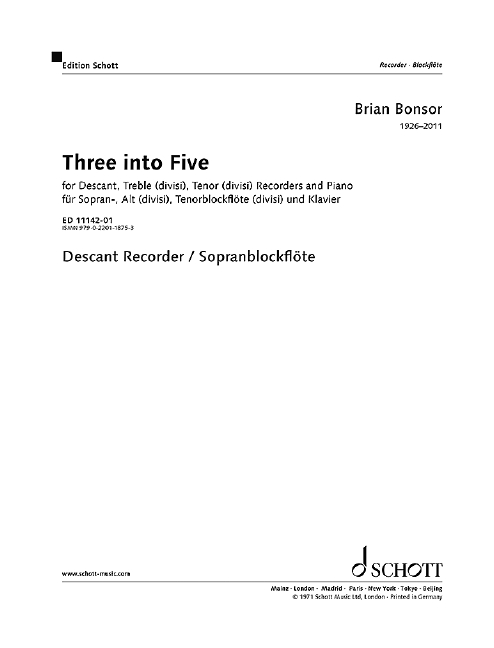 Three into Five, recorders (SAT, divisi, 3 or 5 recorders) and piano, separate part