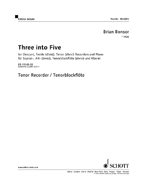 Three into Five, Recorders (SAT, divisi, 3 or 5 Recorders) and Piano, separate part