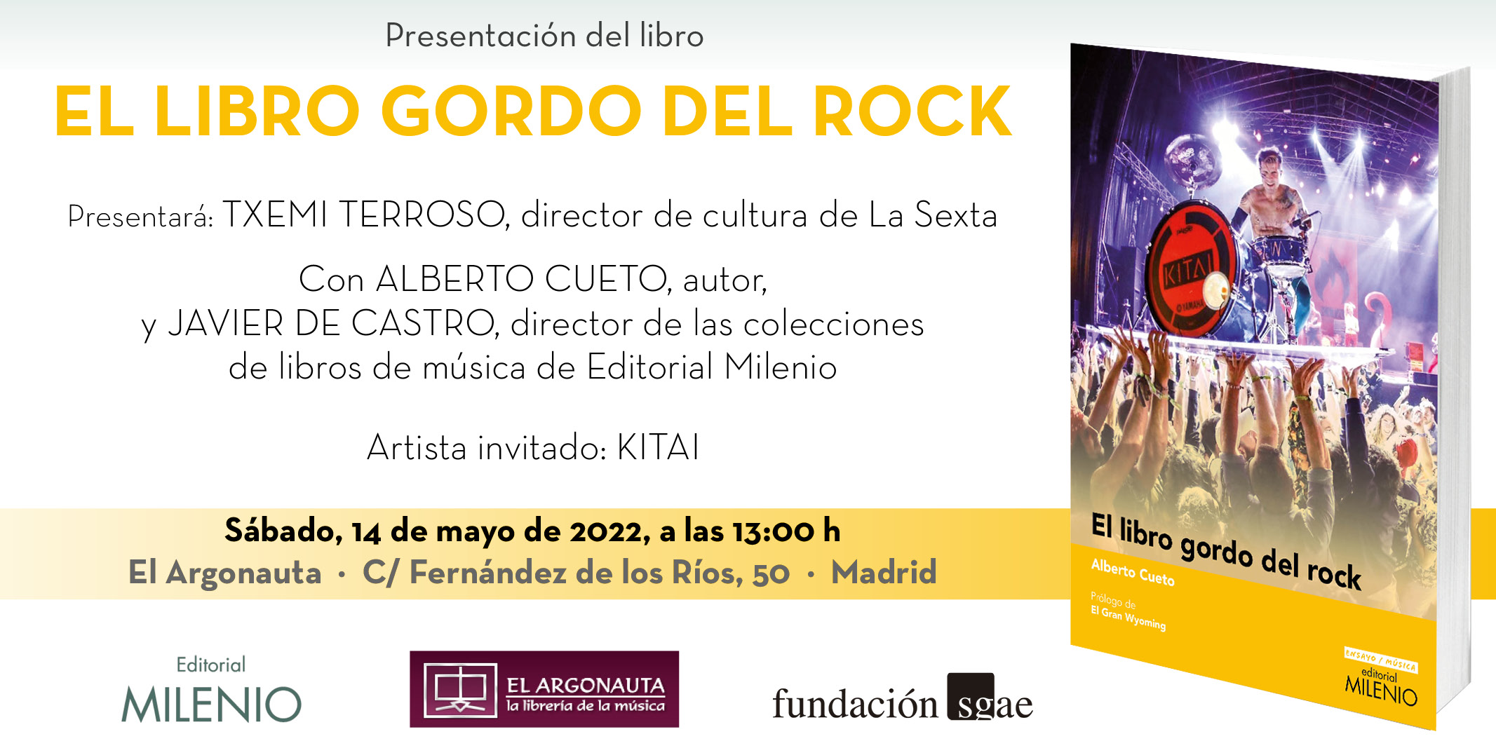 Presentación, el 14 de mayo, de El libro gordo del rock, de Alberto Cueto (Editorial Milenio)