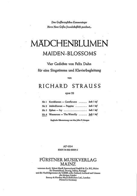 Maiden-Blossoms: Four Poems by Felix Dahn for Voice and Piano op. 22/4, No. 4 The Waterlily (F sharp minor). 9790002000092 Maiden-Blossoms: Four Poems by Felix Dahn for Voice and Piano op. 22/4, No. 4 The Waterlily (F sharp minor). 9790002000092