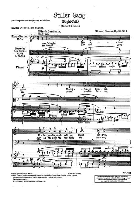 Night-fall op. 31/4, Text by Richard Dehmel, for low Voice and Piano with Viola (or Violin) accompaniment