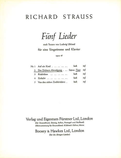 Five Songs to Poems by Ludwig Uhland op. 47/2, No. 2 The Poet's Eventide Walk (Eb major), for tenor and piano