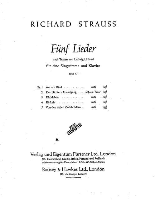 Five Songs to Poems by Ludwig Uhland op. 47/5, No. 5 Von den sieben Zechbrüdern (low C minor), for Voice Part and Piano