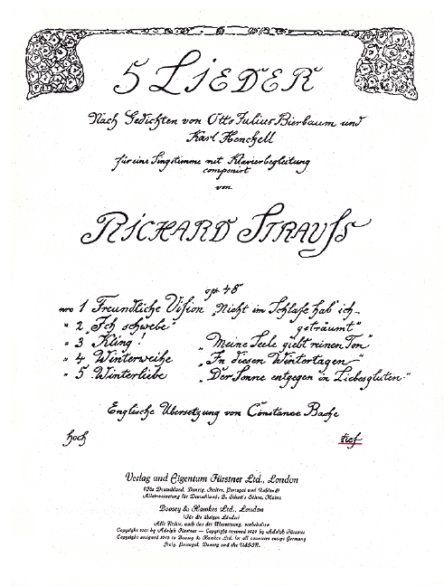 Five Songs to Poems by Otto Julius Bierbaum and Karl Henckell op. 48/1, No. 1 A Welcome Vision (low C major), for Voice Part and Orchestra or Piano, Piano reduction