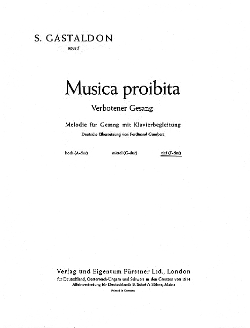 Verbotener Gesang op. 5, Musica proibita, for Alto or Bass and Piano