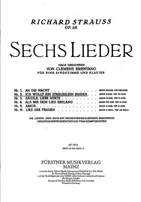 Sechs Lieder nach Gedichten von Clemens Brentano op. 68/2, Nr. 2 Ich wollt ein Sträußlein binden (hoch F-Dur), for Voice Part and Orchestra or Piano, Piano reduction