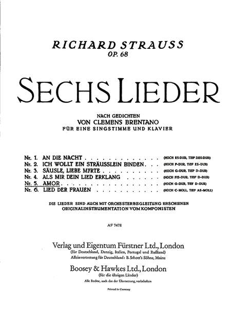 Sechs Lieder nach Gedichten von Clemens Brentano op. 68/5, Nr. 5 Amor (hoch G-Dur), for Voice Part and Orchestra or Piano, Piano reduction