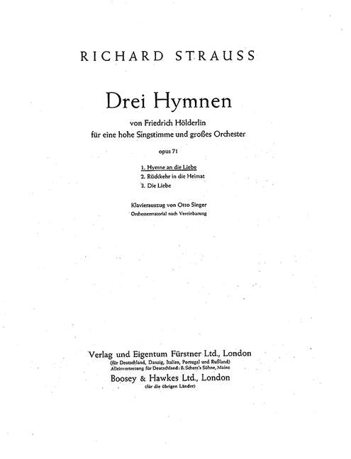 Drei Hymnen op. 71/1, Nr. 1 Hymne an die Liebe, for high Voice and Orchestra, Piano reduction