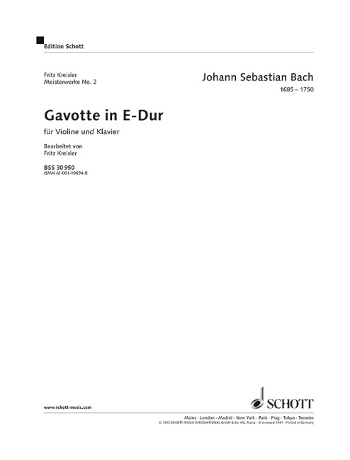 Gavotte in E Major BWV 1006 No. 2, for violin and piano