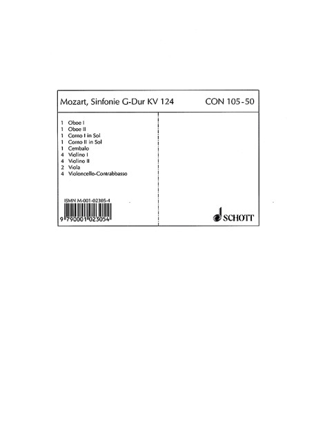 Symphony G Major KV 124, for string orchestra, 2 oboes and 2 horns, Set of parts