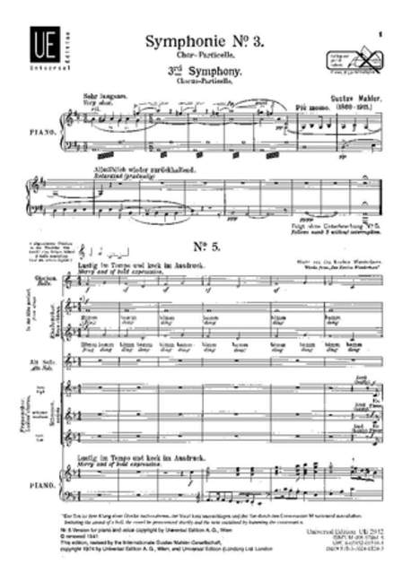 Symphony No. 3, 5th movement - Es sungen drei Engel einen süßen Gesang, for alto solo, female choir, childrens choir and piano, Choral score