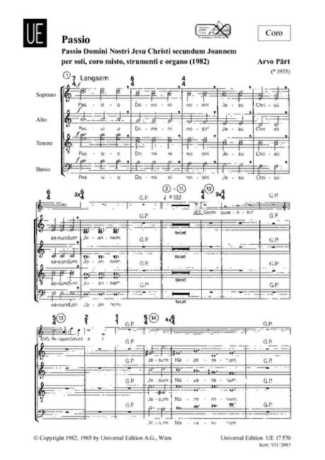 Passio Domini nostri Jesu Christi secundum Joannem, for soli, mixed choir (SATB), oboe, bassoon, violin, cello and organ, Choral score