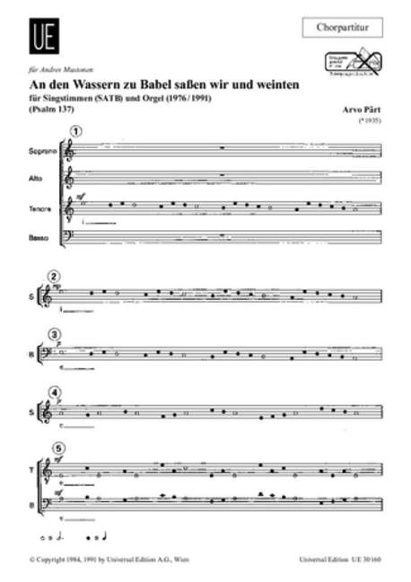 An den Wassern zu Babel saßen wir und weinten, Psalm 137, for voices or mixed choir (SATB) and organ, Choral score