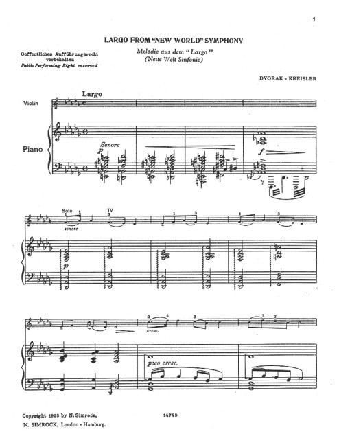 Largo from New World Symphony op. 95, Dvo?ák-Kreisler Transcriptions, for violin and piano