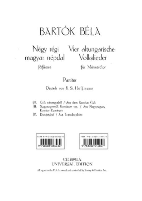 4 Old Hungarian Folksongs, for male choir (TTBB) a cappella, Choral score