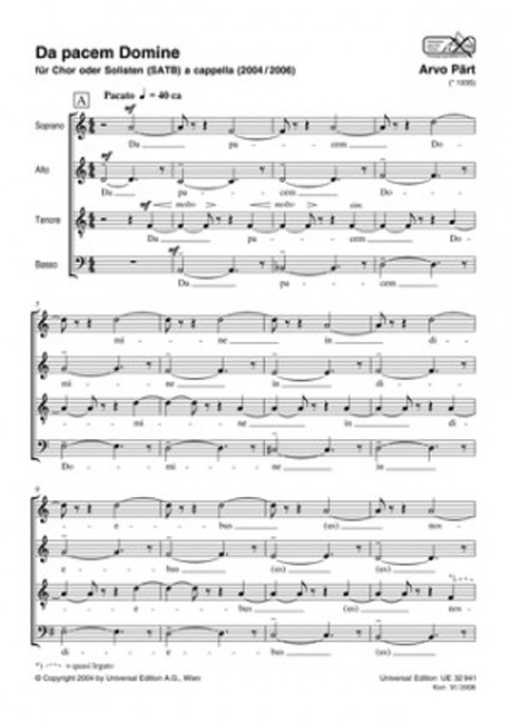 Da pacem Domine, for mixed choir or soloists (SATB) a cappella, Choral score