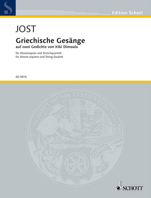 Greek Songs, on two poems by Kiki Dimoula, for voice and string quartet, Score and parts