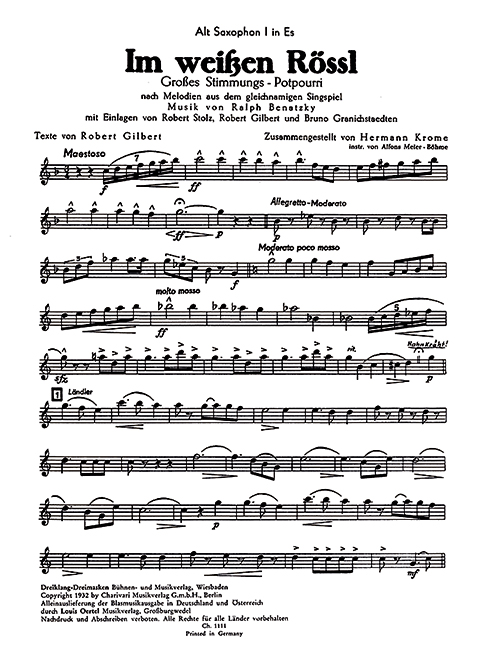 Im weissen Rössl, Grosses Stimmungs-Potpourrie nach Melodien aus dem gleichnamigen Singspiel, for wind band, Set of parts
