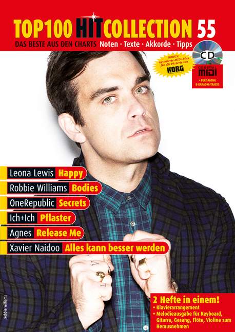 Top 100 Hit Collection Vol. 55, 6 Chart-Hits: Happy - Bodies - Secrets - Pflaster - Release Me - Alles kann besser werden. Mit MIDI- und Playback-CD., for piano / keyboard