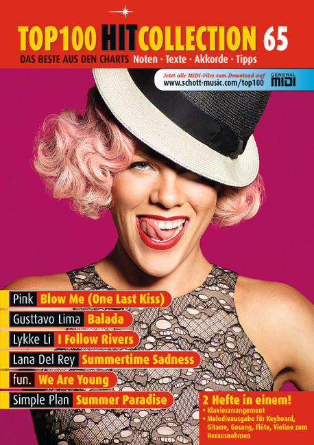 Top 100 Hit Collection Vol. 65, 6 Chart-Hits: Blow Me (One Last Kiss) - Balada - I Follow Rivers - Summertime Sadness - We Are Young - Summer Paradise. Noten für Klavier und Keyboard., for piano /