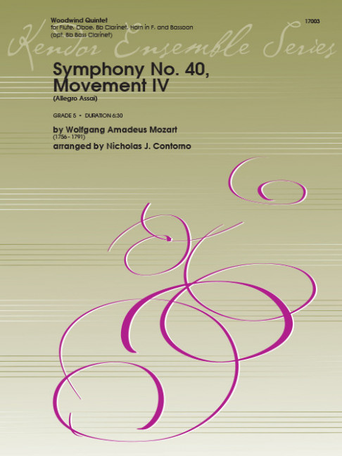 Symphony No. 40, Movement IV, Allegro Assai, for flute, oboe, clarinet, horn in F, bassoon (bass clarinet ad lib), Score and parts