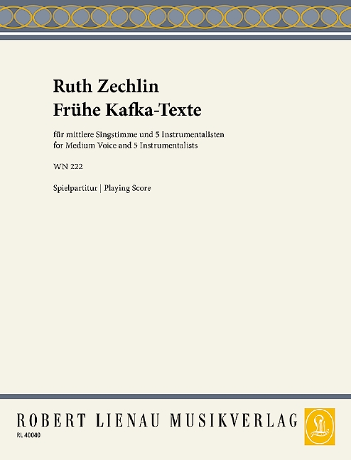 Frühe Kafka-Texte WN 222, for medium voice, flute, oboe, clarinet, cello and percussion, Performing score