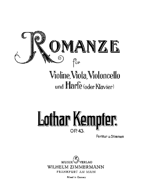 Romance op. 43, for violin, viola, cello and harp, Score and parts