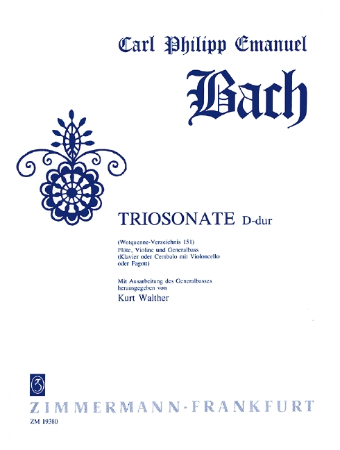 Trio Sonata D major Wq 151, for flute, violin and basso continuo (piano/harpsichord with cello/bassoon), Score and parts