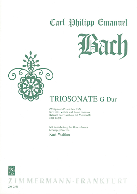 Trio Sonata G major Wq 152, for flute, violin and basso continuo (piano/harpsichord with cello/bassoon ad libitum), Score and parts