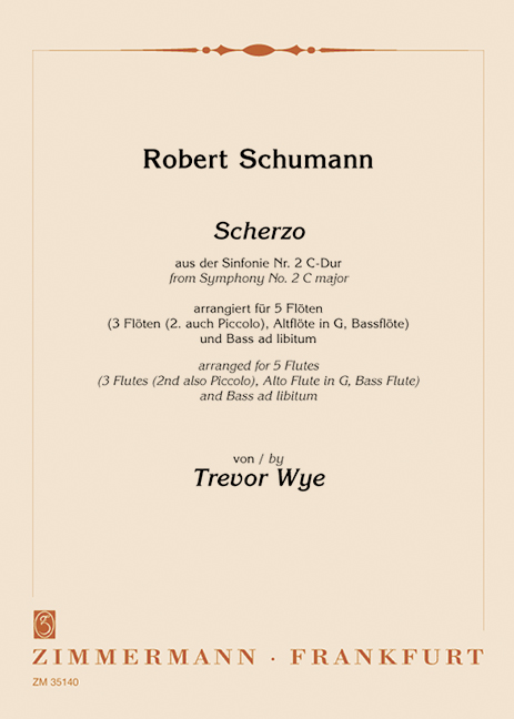 Scherzo, of the 2nd Symphony C major, for 5 flutes (3 flutes, 2. also Piccolo, alto flute in G, bass flute) and double bass or cello ad libitum, Score and parts