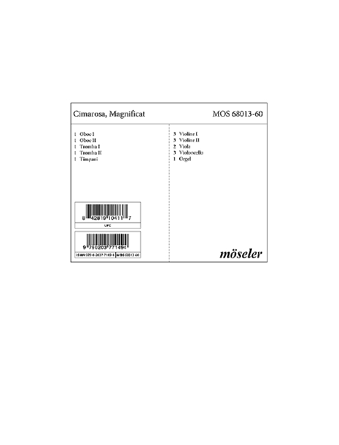 Magnificat, for mixed choir (SATB), 2 oboes, 2 trumpets, timpani, strings and basso continuo, Set of parts