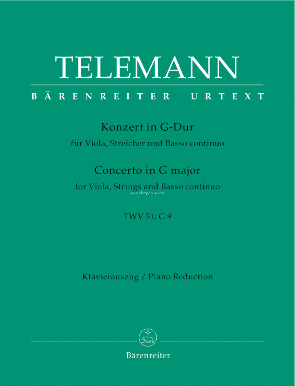 Konzert in G-Dur für Viola, Streicher und Basso continuo TWV 51: G 9, Klavierauszug. 9790006507191