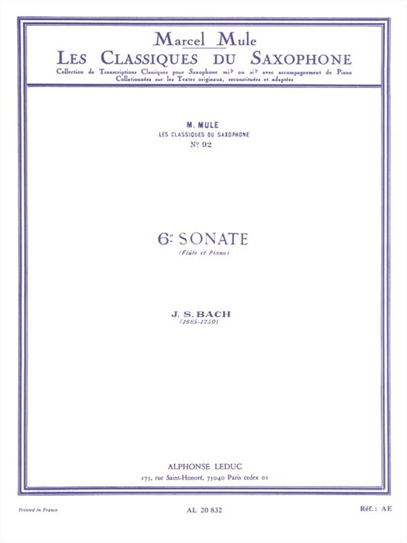 Sonata nº 6 (flûte et piano), version pour saxophone alto Mi b et piano