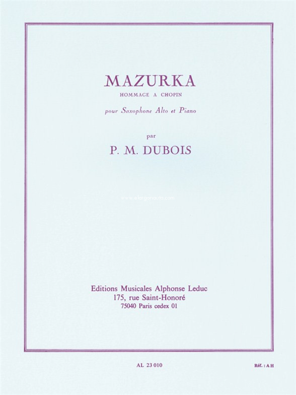 Mazurka, Alto Saxophone and Piano. 9790046230103