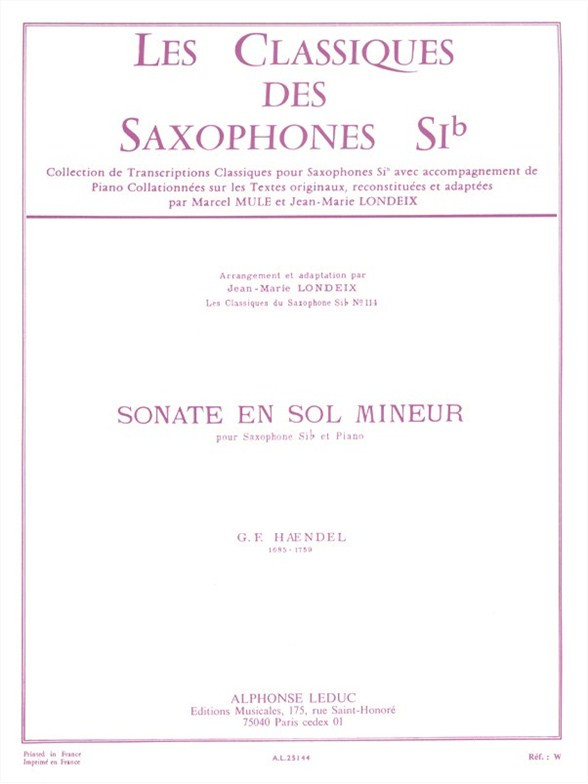Sonate en Sol mineur, pour saxophone Si b et piano
