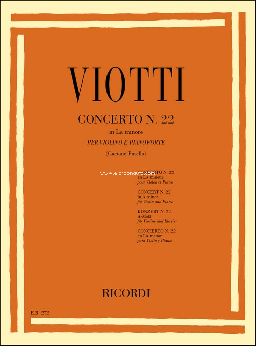 Concerto Per Violino N. 22 In La Min.: Riduzione Per Violino E Pianoforte, Violin and Piano