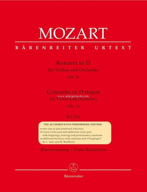 Concerto in D major, for Violin and Orchestra, No. 2, KV 211, Piano Reduction. 9790006457830