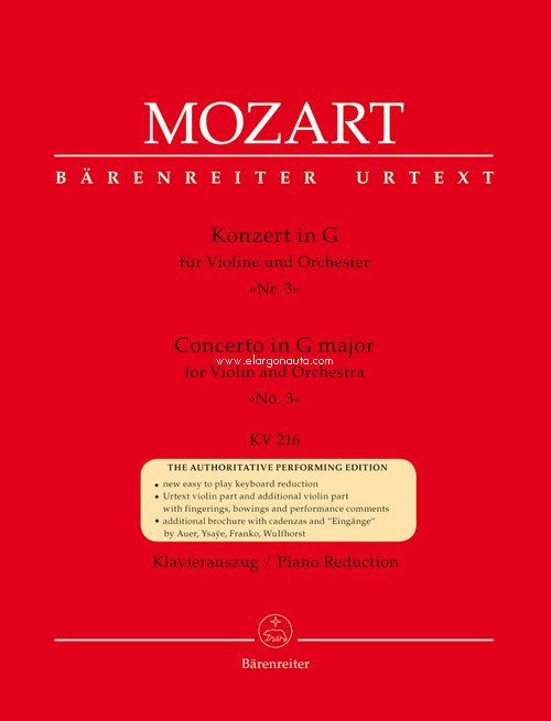 Concerto in G major, for Violin and Orchestra, No. 3, KV 216, Piano Reduction