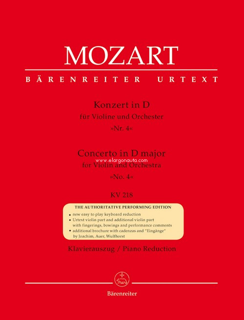 Concerto in D major, for Violin and Orchestra, No. 4, KV 218, Piano Reduction