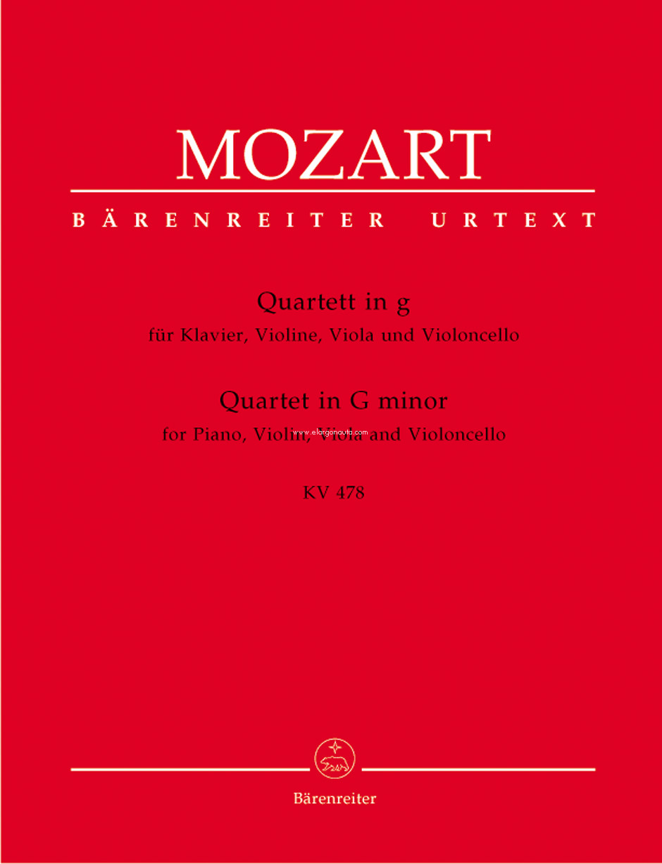 Quartet in G minor KV 478, for Piano, Violin, Viola and Violoncello, score and parts = Quartett in g KV 478, für Klavier, Violine, Viola und Violoncello, Partitur und Stimmen. 9790006454457