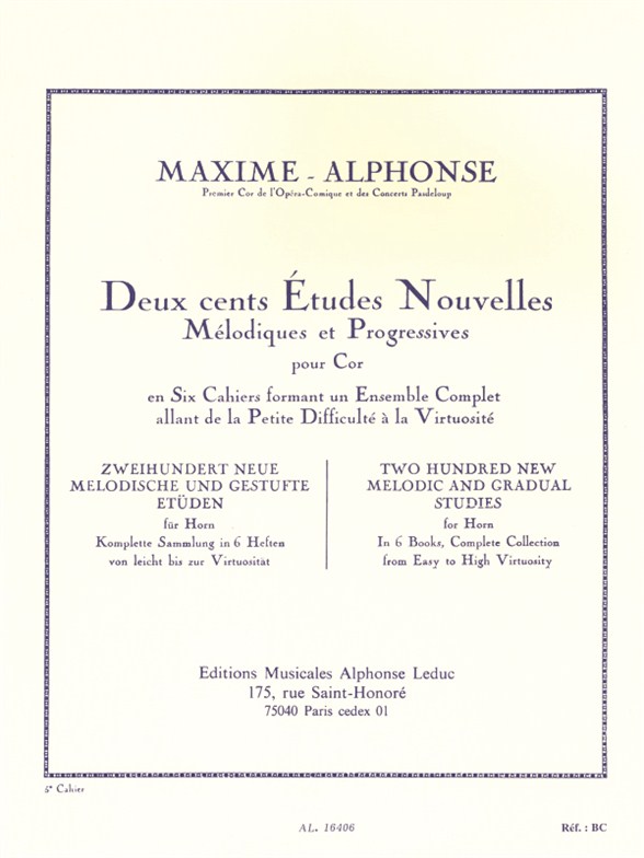 Deux cent Études Nouvelles Mélodiques et Progressives pour Cor en Six Cahier. Cahier 5: 20 études trés difficiles. 9790046164064