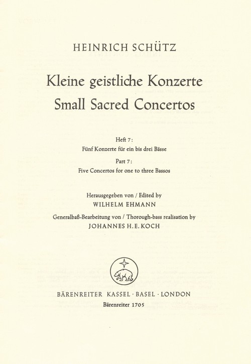 Kleine geistliche Konzerte Heft 7, 5 Konzerte für 1 - 3 Solostimmen und Basso continuo., score and part