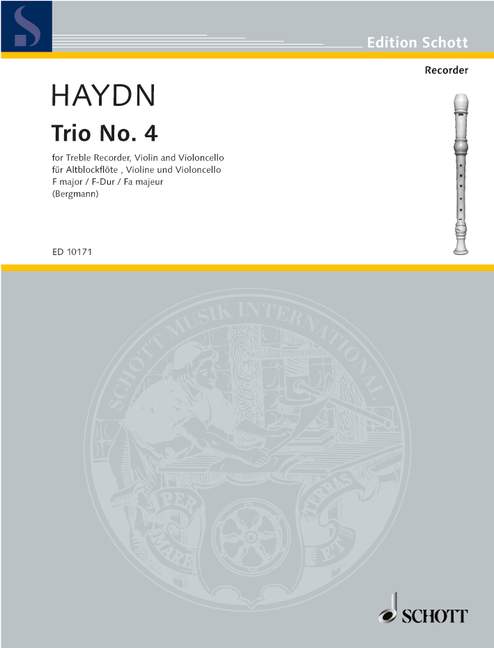 Trio No. 4 in F Major op. 11/4 Hob. XI: 11, flute (recorder), violin and cello or treble recorder (flute), violin and piano; cello ad lib., score and parts. 9790220101342