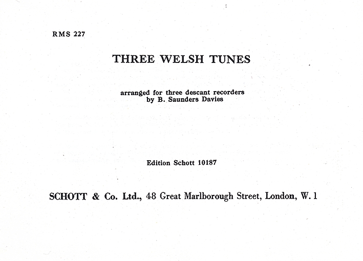 3 Welsh Tunes, 3 descant recorders, performance score. 9790220101410