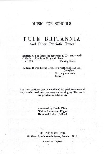 Rule Britania, and other Patriotic Tunes, 3 recorders (SSA); piano ad lib., score and parts